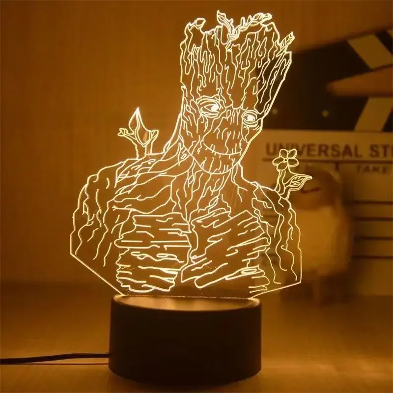 Marvel Groot 3D светодиодный ночник Модель игрушки Аниме Дерево человек Грут Фигурки Детская кровать Декор комнаты Подарки на день рождения для мальчиков