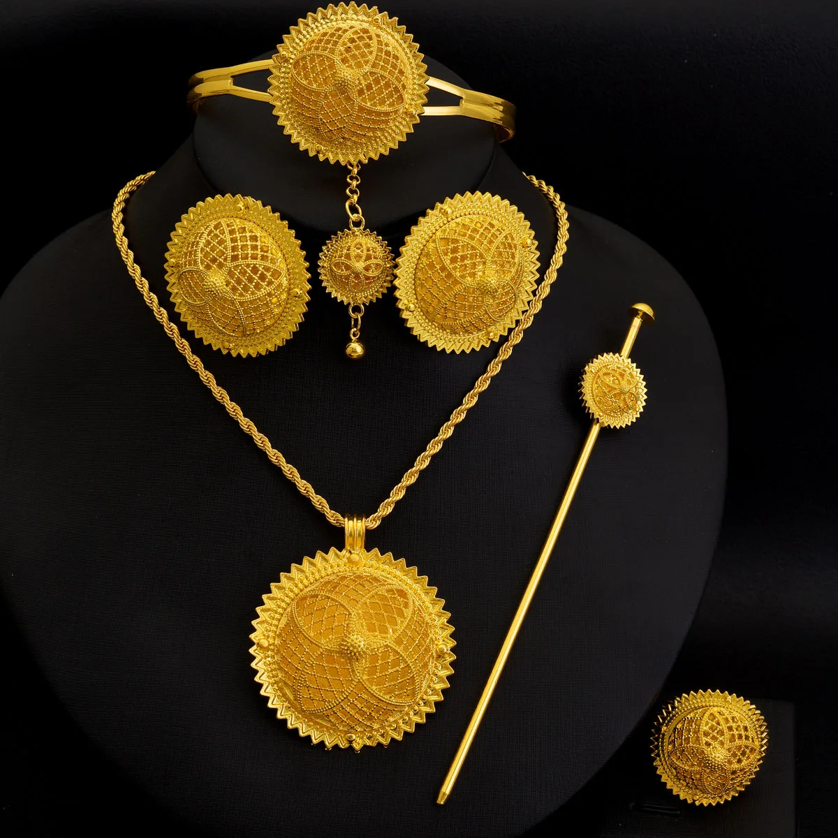 Africa Dubai Golden Color Jewelry Set Women Pendan Ring Earring Bangle Head Chain Hairpin Ethiopian Bride Wedding Gifts
