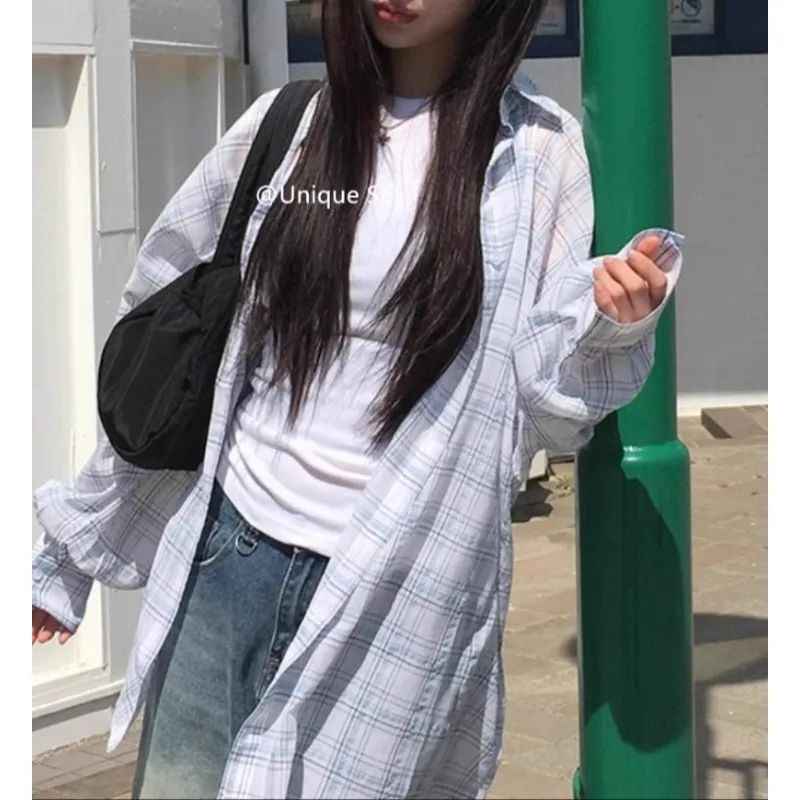 

Polo Collar Single-breasted Loose Long-sleeved Shirt Women 2025 Summer New Japanese Contrast Color Plaid Casual Sunscreen Blouse