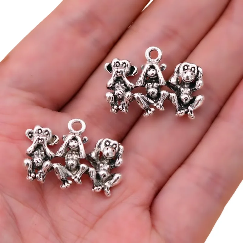 6pcs Silver Plated Three Good Friends Monkey Orangutan Dog Pendant Hip hop Necklace Accessories DIY Charms Jewelry Crafts Making