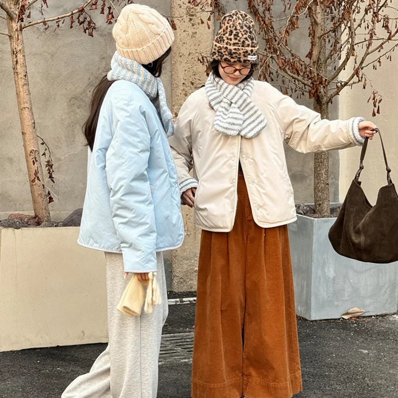 Y2K Korean Double-Sided Cotton-Padded Coats Women Chic Single Breasted Polar Fleece Jackets Stripe Contrast Color Winter Parkas