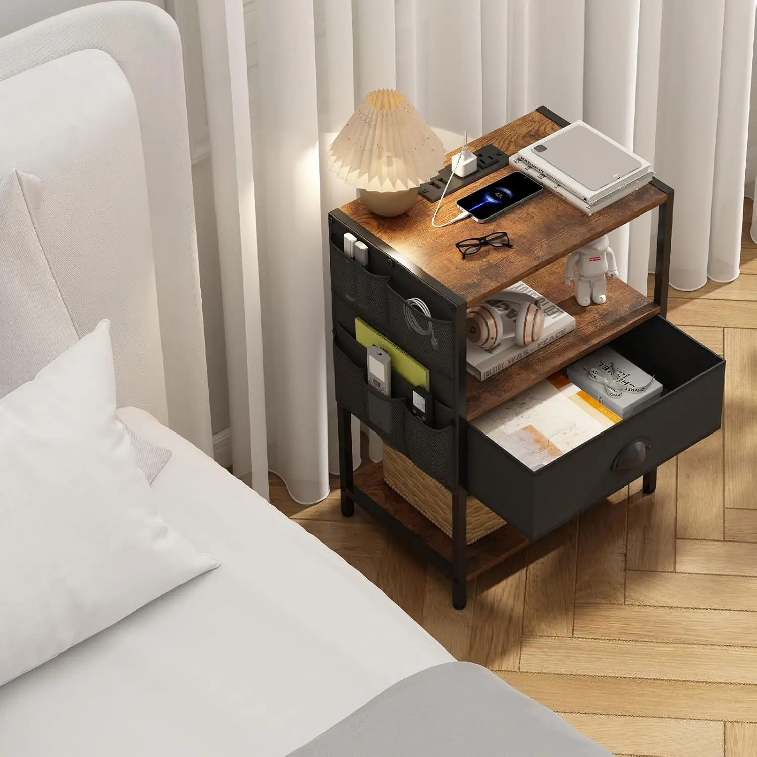 Customized cross-border explosion with USB socket bedside table bedroom living room rack simple wind with cloth bag storage rack