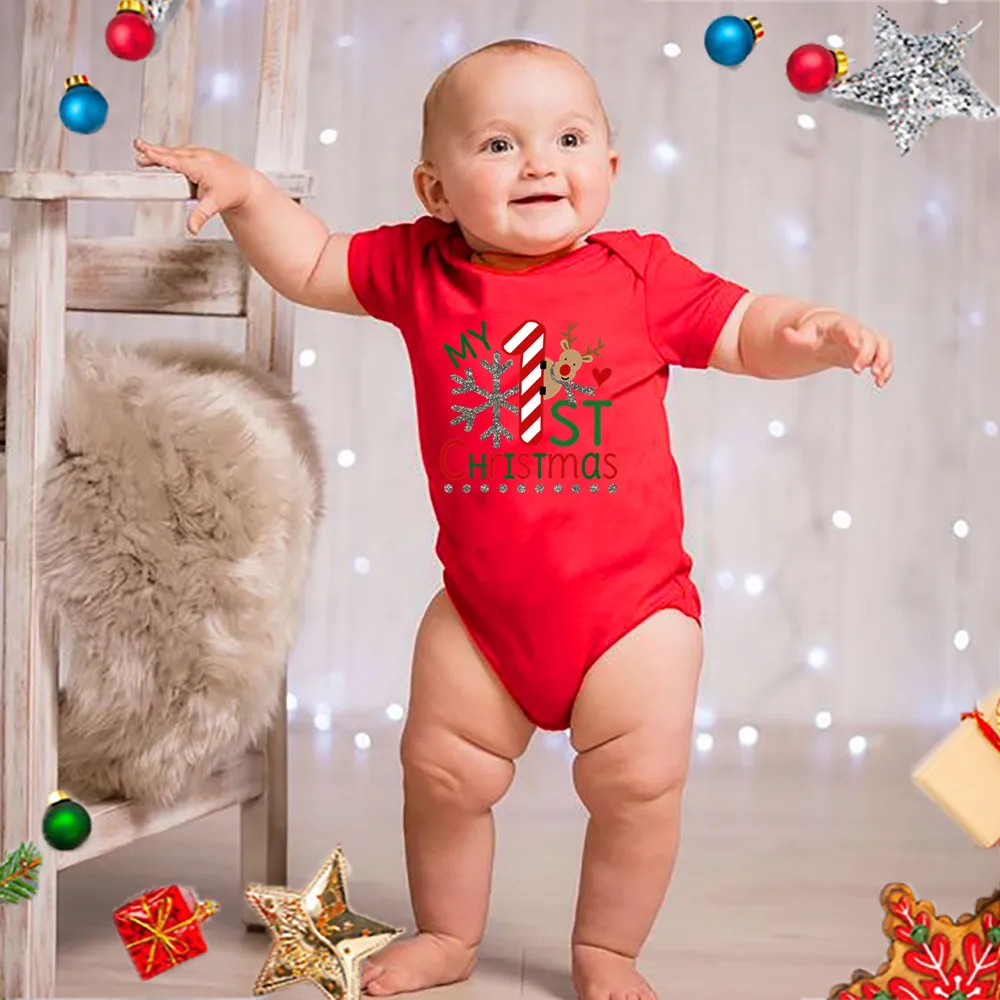 

My 1st Christmas Baby Boy Girl Short Sleeve Romper Fashion Cotton Robe Ropa Red Newborn Baby Bodysuit New Year Holiday Best Gift