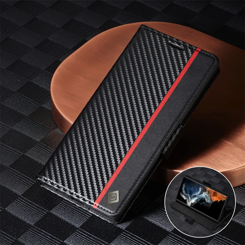 S23Ultra Carbon Fiber Magnetic Case for Samsung Galaxy S23 Ultra Etui Samsung S 23 Ultra SM-S918B Soft Leather Flip Phone Funda