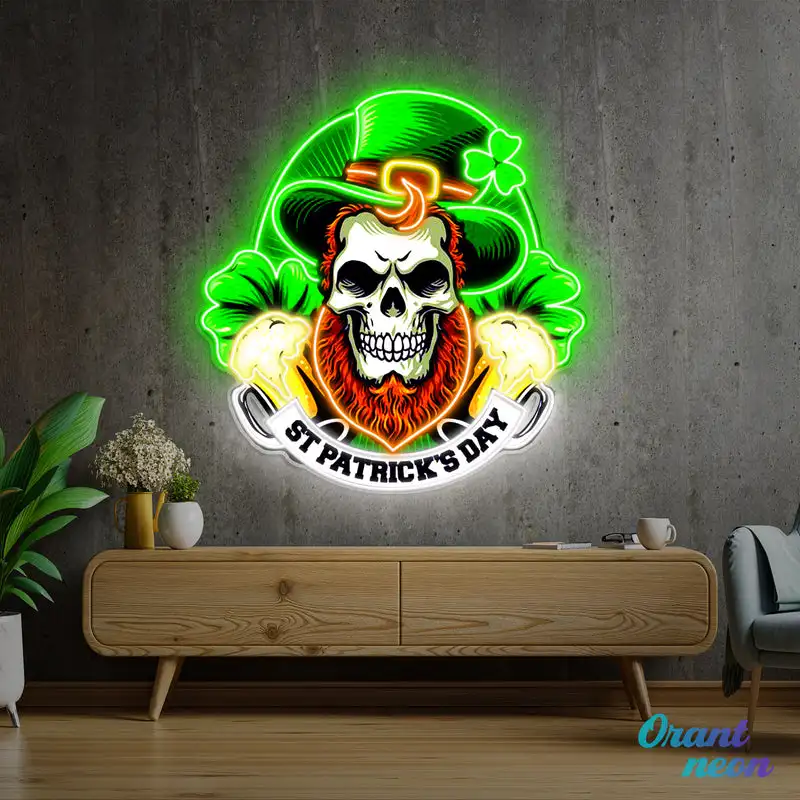 Patrick's Day Skull Neon Sign Print UV Wearing Hat And Beer Led Neon Acrylic Artwork Sign