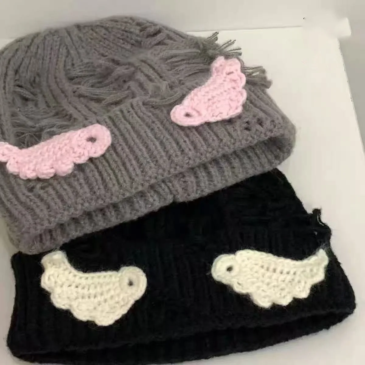 Winter Knit Hat Fringed Holes Y2K Japanese Korean Harajuku Style Little Wings  Beanie Keep Warm Outfit Fashion Trends Cold Cap