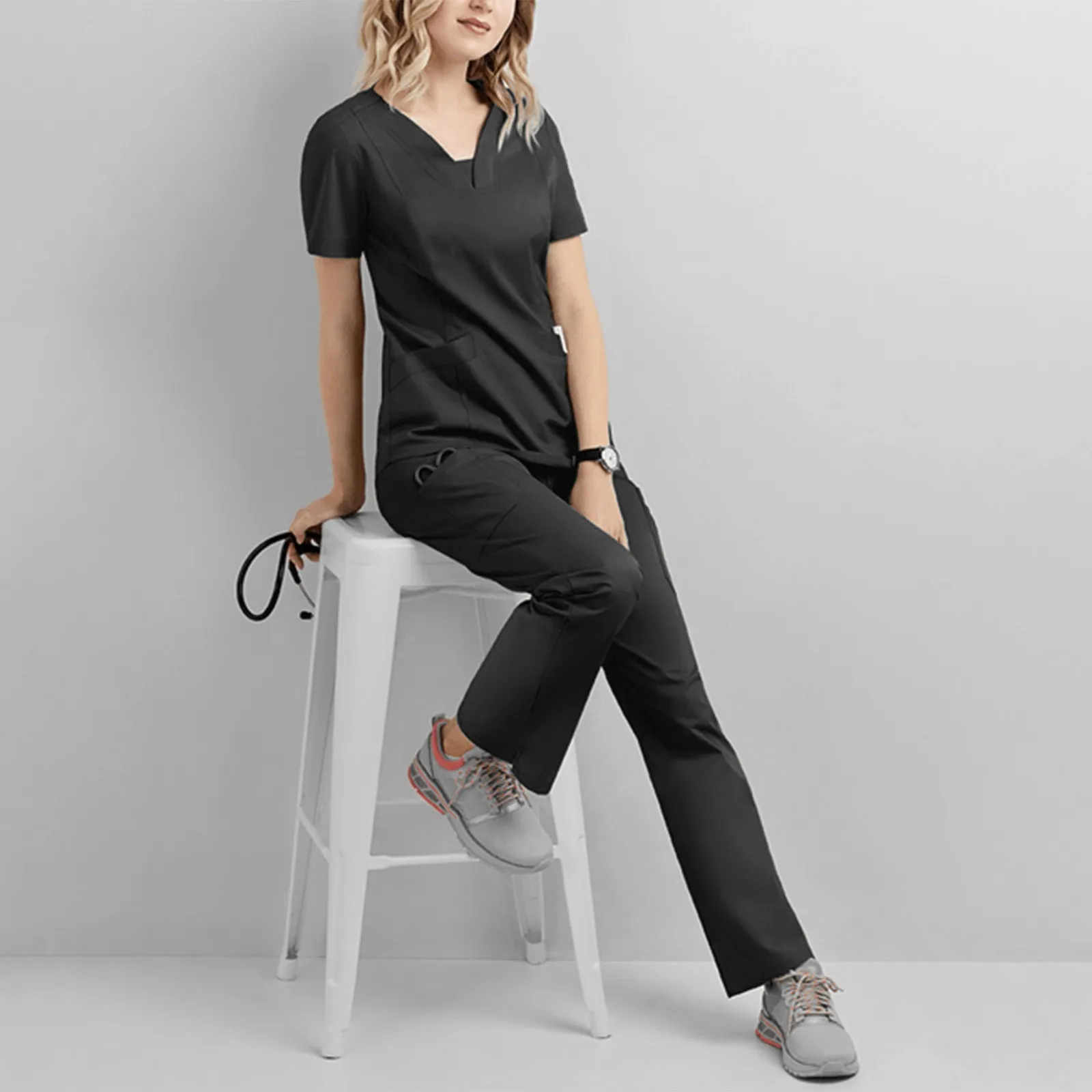 Female Short Sleeve V-neck With Pocket Nursing Clothing Solid Color Comfortable Scrubs Uniforms Woman Care Workers T-shirt Tops