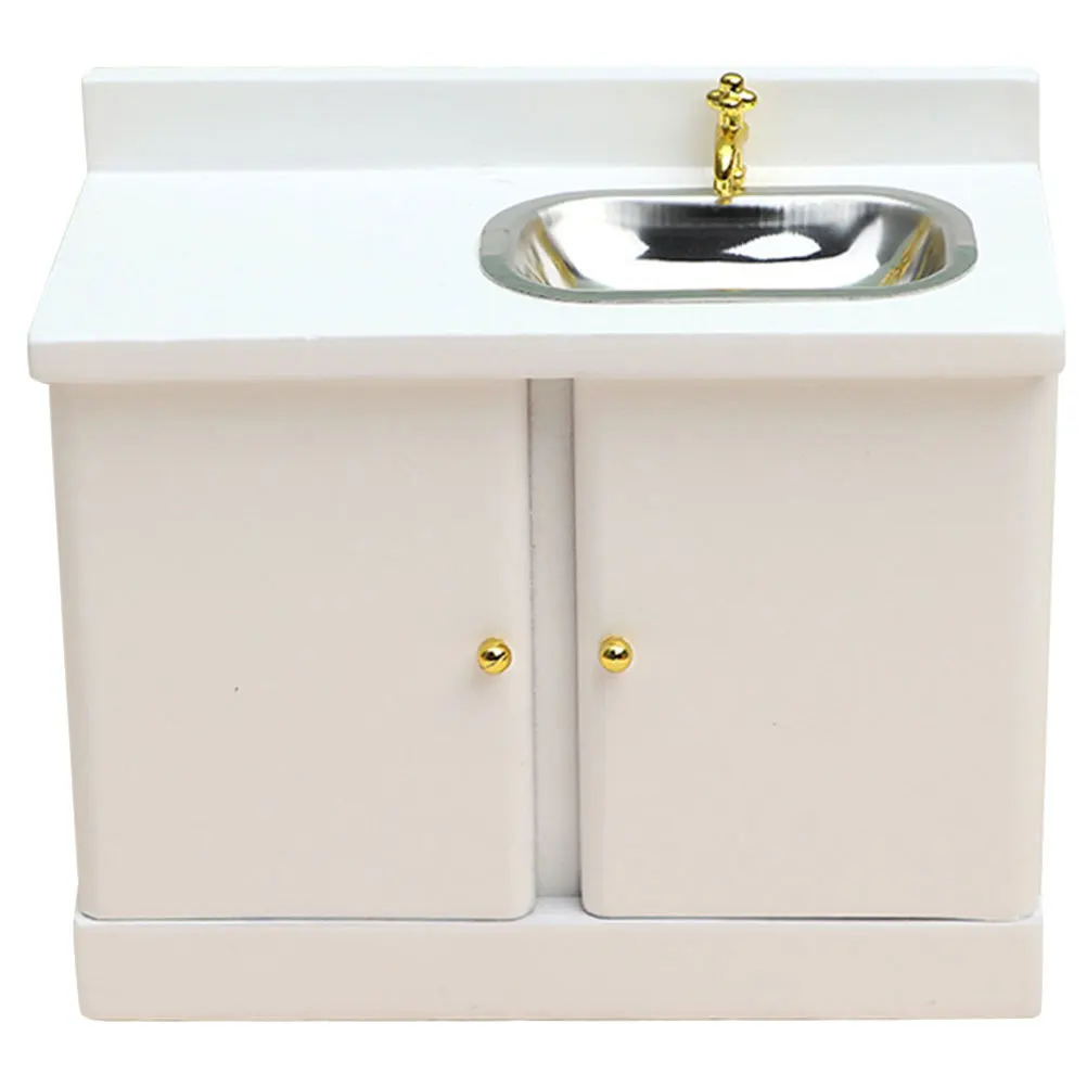 حوض مطبخ صغير بمقياس 1:12، خزانة خشبية للاستخدام الزخرفي، أثاث مصغر، تصميم واقعي، لمسة نهائية ناعمة مدمجة