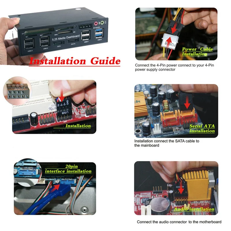 حار 5.25 "اللوحة الأمامية لوحة القيادة الوسائط Usb 3.0 Hub الصوت Esata Sata قارئ بطاقات سطح المكتب محرك الأقراص الضوئية لوحة متعددة الوظائف 525E