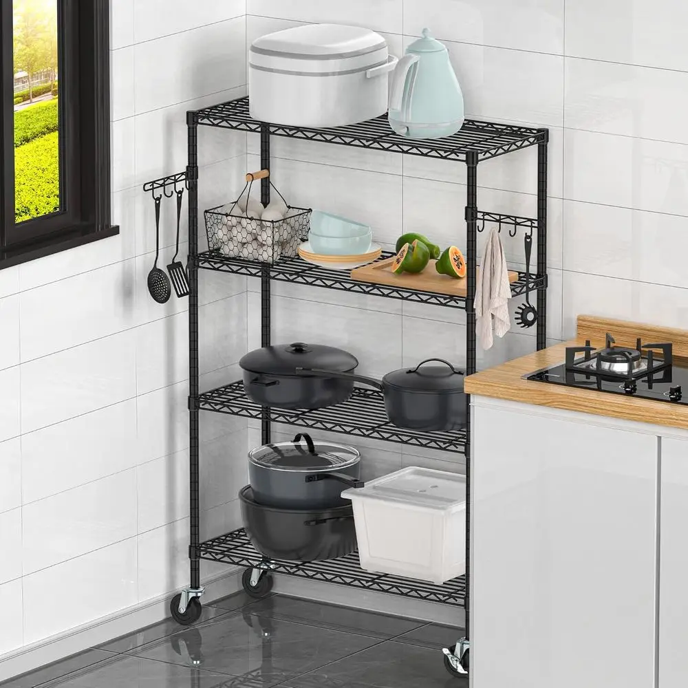 Prateleira de armazenamento de metal ajustável de 4 camadas com rodas, preta, 14D x 36W x 57H para cozinha, garagem, despensa, escritório