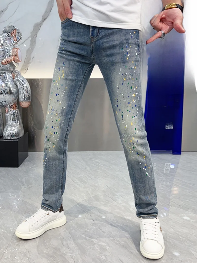 

Men's Summer Thin Denim Jeans Light Blue Faion Splaed Paint Trendy All-Match Korean Version Slim Casual Ankle-Length Pants