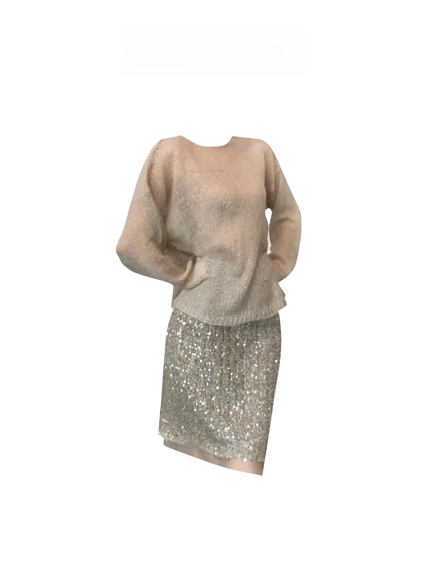 HEZA Top de malha grossa feminino outono inverno glitter f saia conjunto transparente trabalho pesado embelezado Faion plus size conjunto