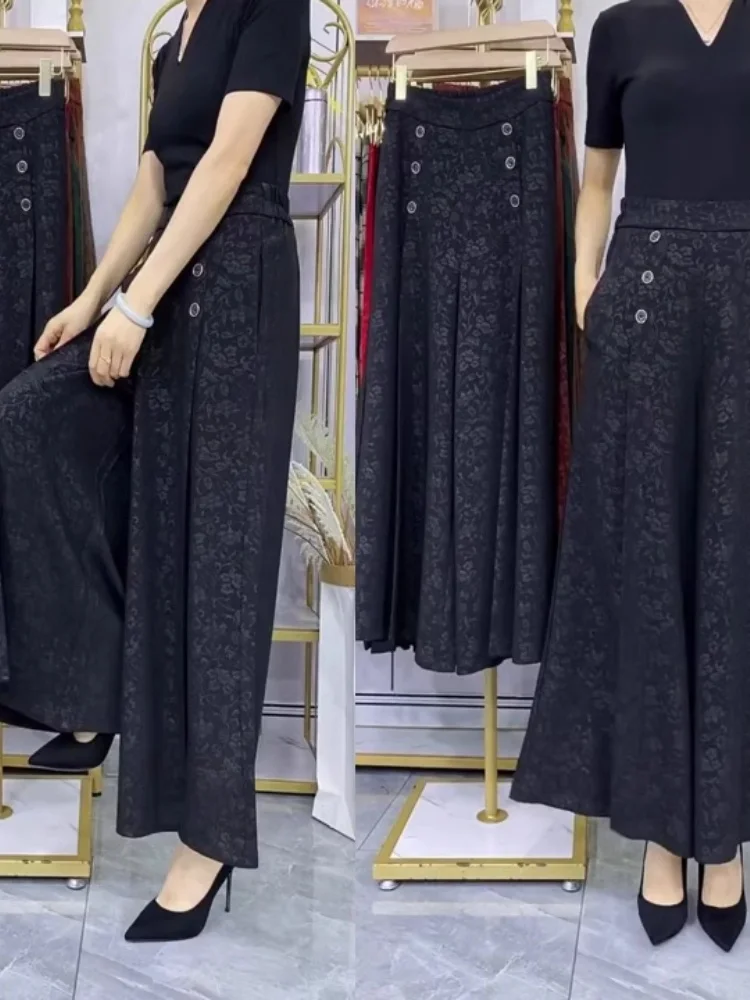 

Summer Ice Silk Thin Wide Leg Pants Skirt Casual Loose Drapey Outerwear Women's Pants High Waist Nine Points Commute Sle