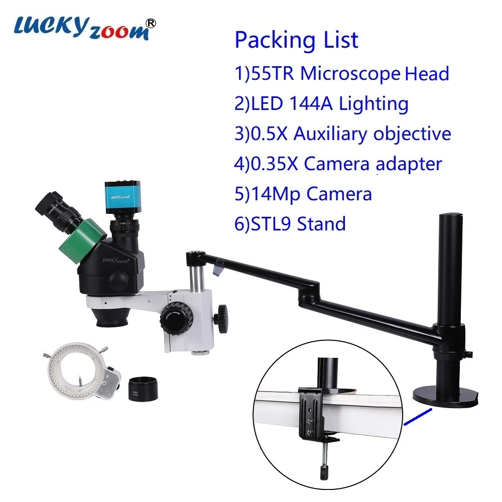 Morsetto da tavolo 3.5X-45X Microscopio trinoculare focale Simul Microscopio di riparazione professionale braccio flessibile fotocamera luce Set di