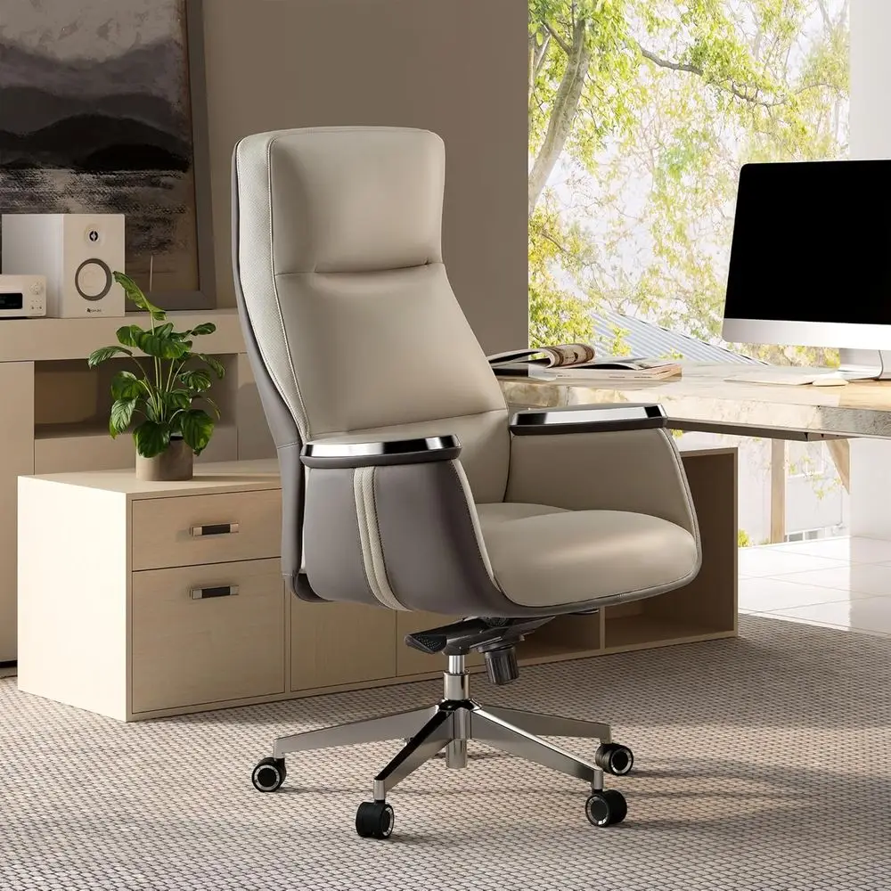 

Executive High-Back Office Chair, Extra Wide Seat for Big and Tall, Silicone Leather Computer Desk Chair, Beige Gray