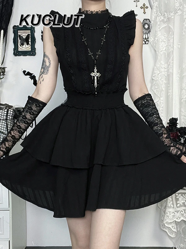 High Street Style Gothic Sleeveless Dress Short Sleeve Shirt Fashion Vintage Y2k Punk Solid Color Women's Casual Dresses