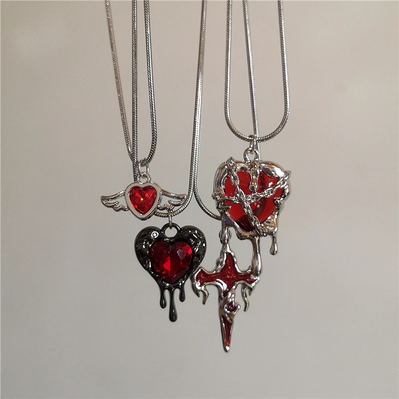 Vintage Y2k Red Love Heart Cross Pendant Snake Chain Naszyjnik dla kobiet Mężczyźni Halloween Estetyczna gotycka biżuteria Rave Akcesoria