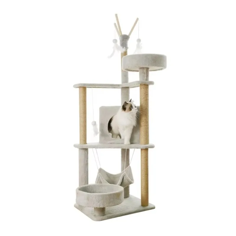 

Multi Layer Grey Cat Tree Tower Short Plush Cat Trees & Scratcher with Hanging Feather