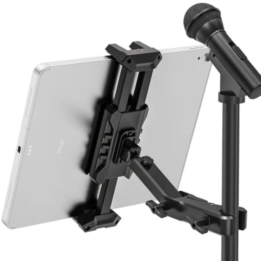 iPad Holder for Mic Stand, Tablet Music Stand Holder with C-Clamp for Sheet Music Stand, 360 Rotation Clip-on Phone Mount Fits