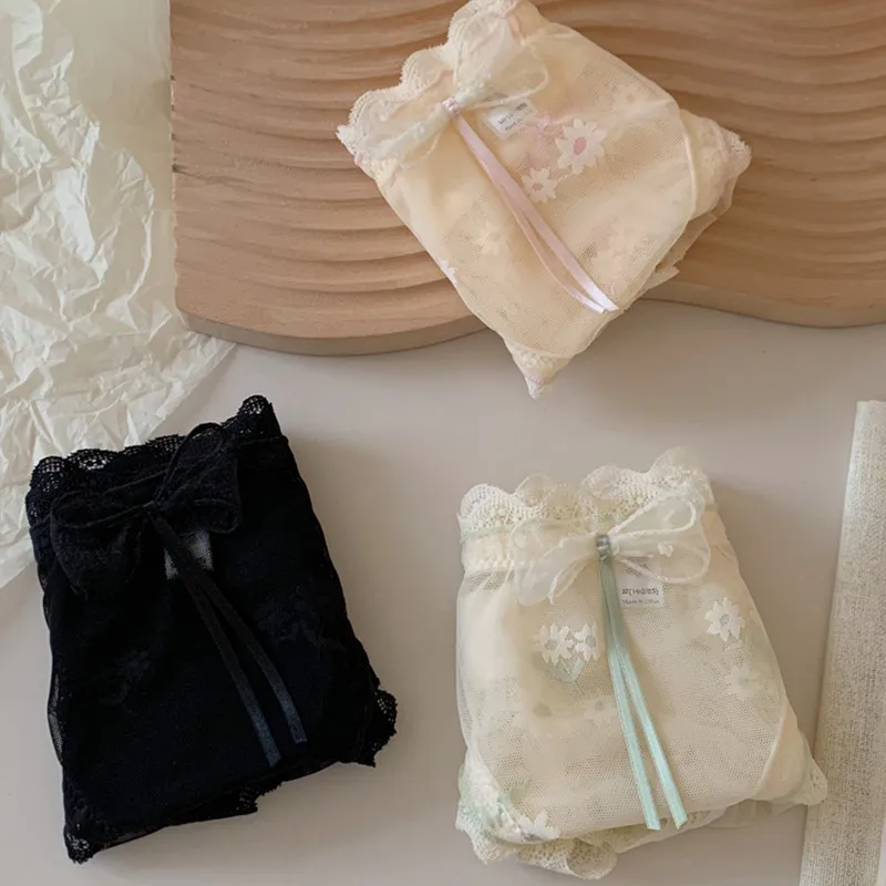 Cienka Bielizna Seksowna Miękka Damska Majtki Kokarda Półprzezroczysta Bielizna Średni Stan Wygodne Oddychające Koronkowe Figi Intymna