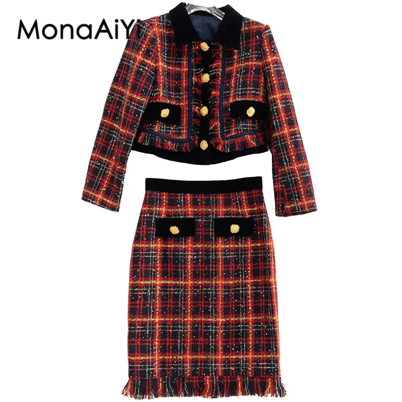 MonaAiyi-Casaco Xadrez High Street Feminino e Conjunto de Saia Midi, Colarinho Turn-Down, Designer de Moda Runway, Qualidade Superior, Mais Novo, 2Pcs, 2023