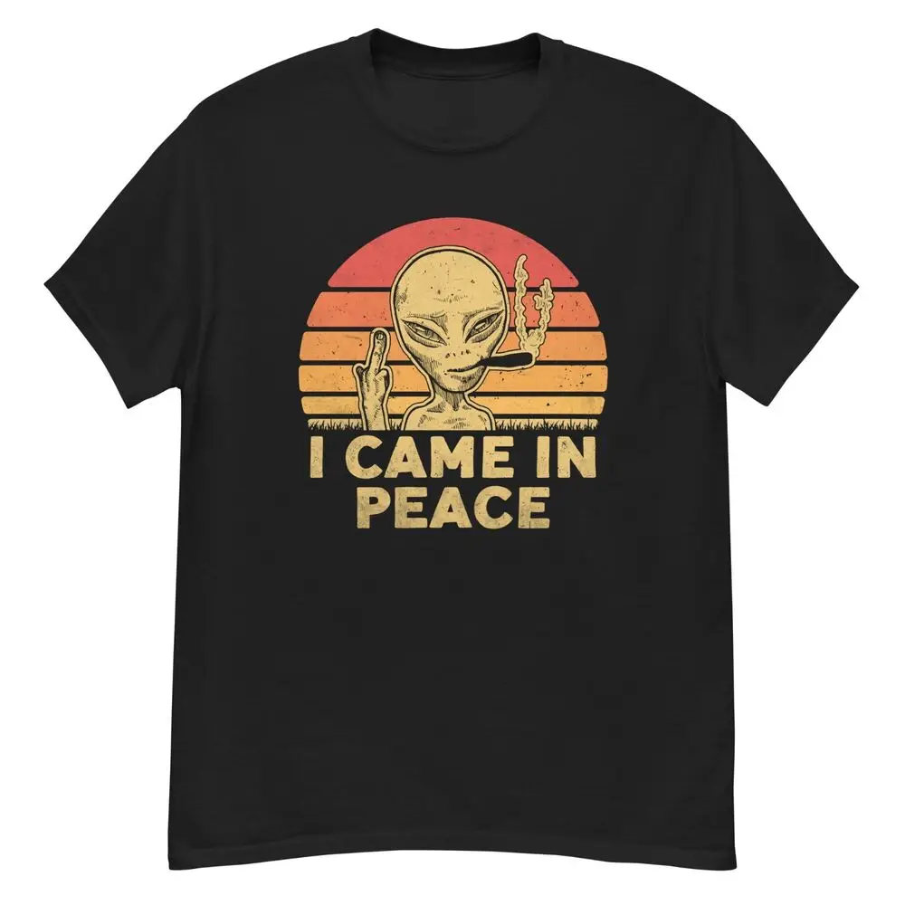 UFO Funny Retro T-Shirt I Came With Peace Smoking Middle Finger Tee