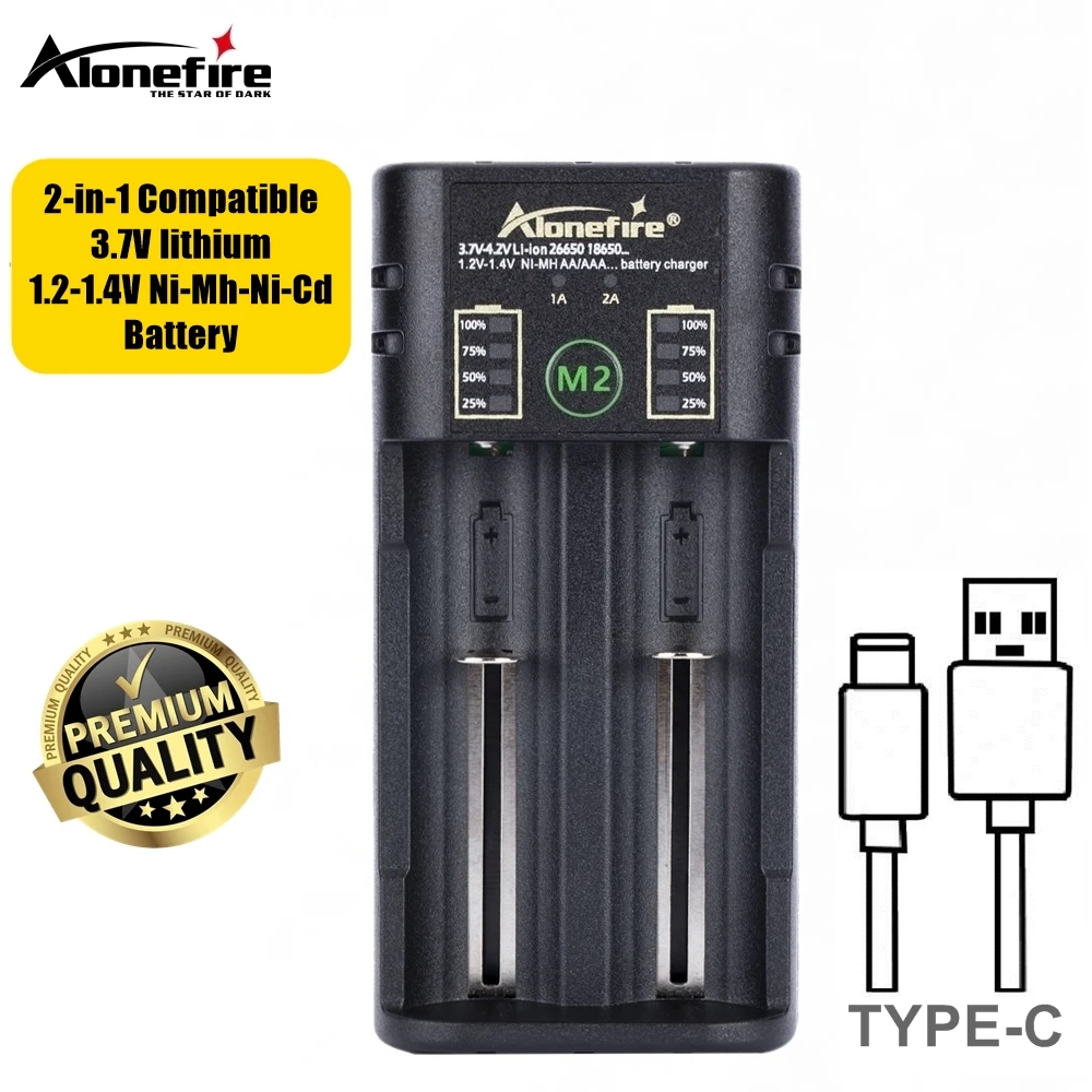 Alonefire M2 2-Channel USB Charger 3.7V Li-ion/1.2-1.4V Ni-MH Ni-Cd Flashlight Torch Battery for 26650/16340/21700/18650/AA/AAA