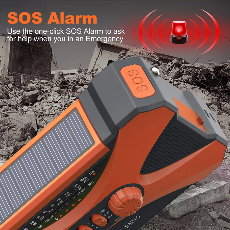 Emergency Flashlight Torch 10000mAh Power Bank Rechargeable Radio Hand Crank Solar USB AM/FM/NOAA Weather Radios Home Outdoors