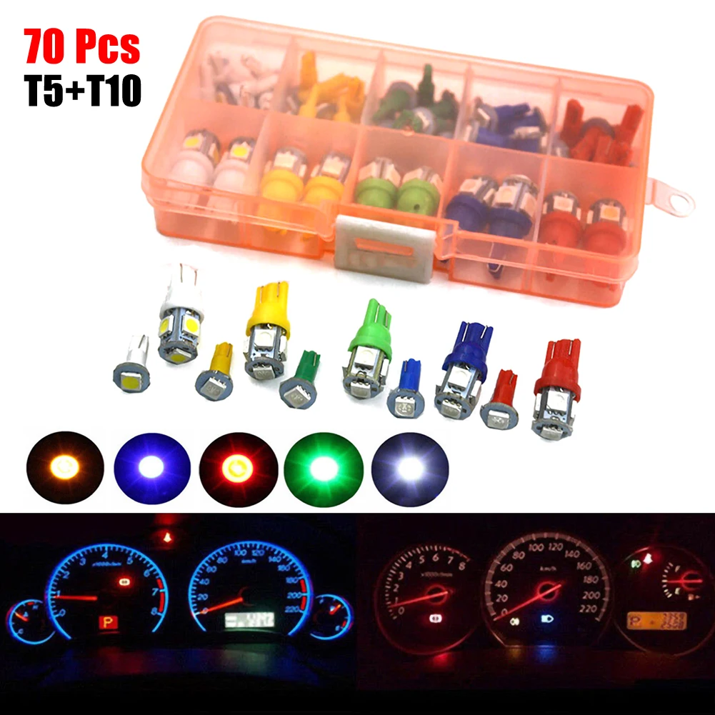 70Pcs/set Car T5+T10 LED Instrument Panel Cluster Plug Dash Light Bulb Indicator Suitable for all vehicles with 12V