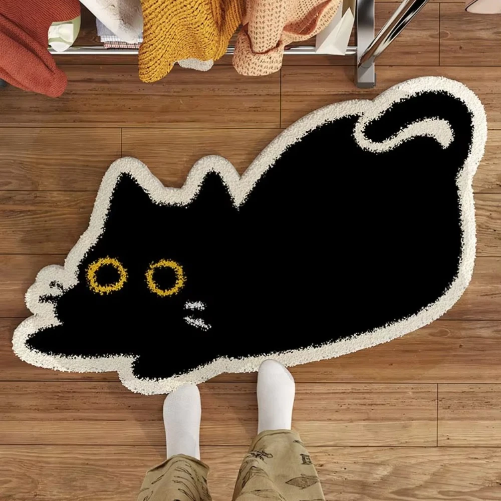 Alfombra de suelo irregular con forma de gato negro de dibujos animados, alfombra de felpa y franela para dormitorio, sala de estar, alfombra para la mesita de noche, resistente a la suciedad, decoración del hogar.