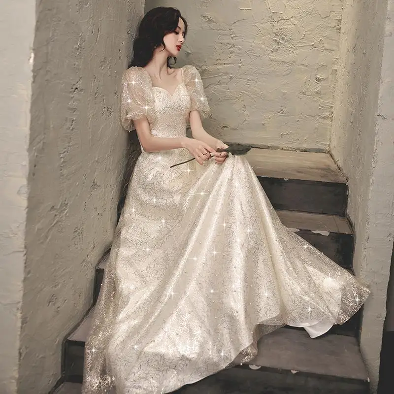 

Новое женское вечернее платье цвета шампанского с квадратным воротником, модное платье подружки невесты для большого банкета, длинное платье для студенческого выступления