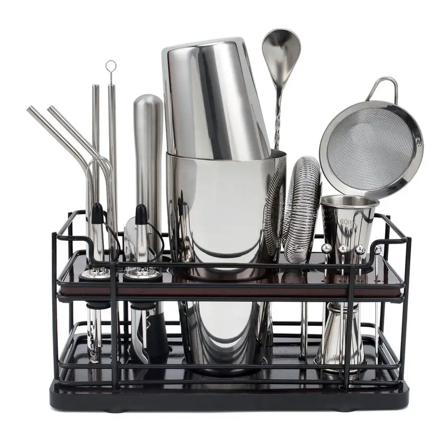 

Набор для приготовления коктейлей с подставкой, 20 предметов, полный барменский набор для домашнего бара, необходимый барный комплект с шейкерами объемом 18 унций и 28 унций.