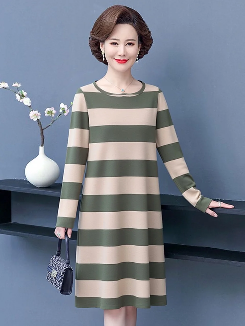 

Повседневное платье миди в полоску с длинными рукавами для женщин среднего и пожилого возраста, больших размеров, удобное, свободного кроя, из полиэфирного волокна