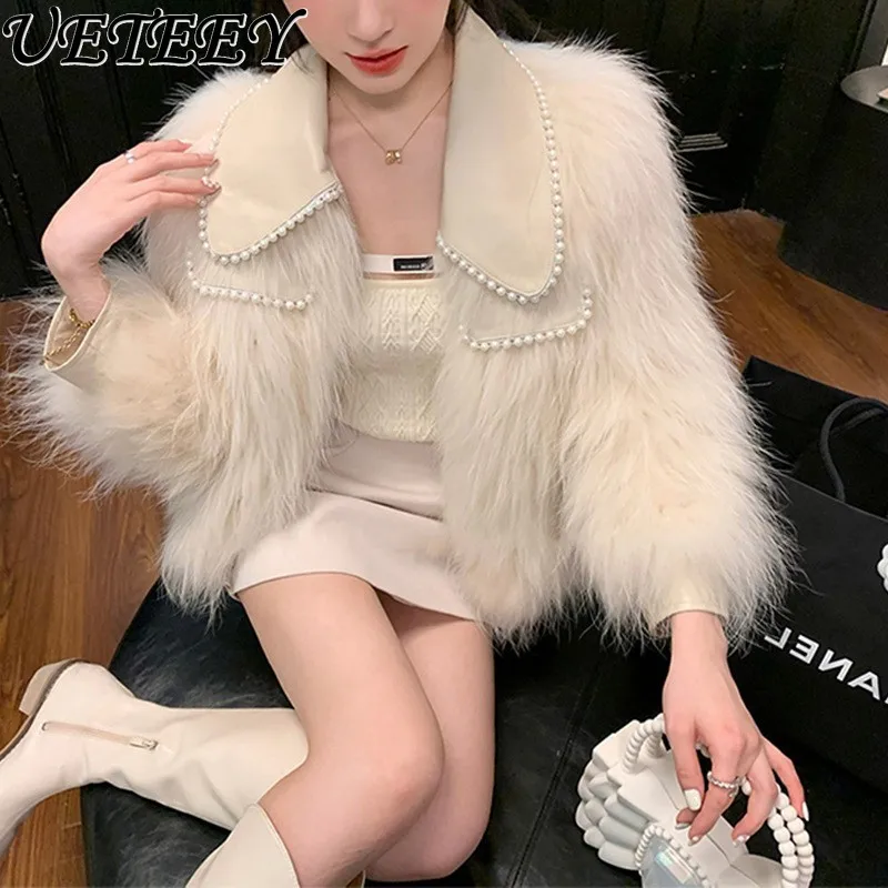 High Quality French Pearl Doll Collar Fox Fur Leather Fur Coat Women Female 2023 Winter New Beaded Furry Jacket Coats Feminino