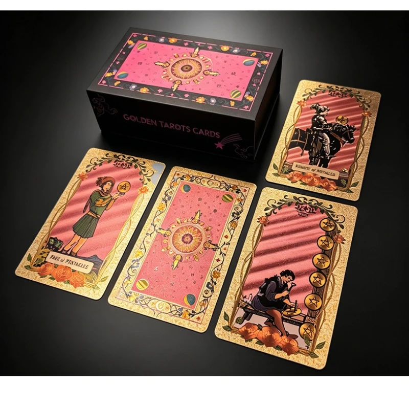 Cartes de tarot classiques rose et or rose avec guide, 12x7cm, cartes de divination en plastique imperméables avec boîte
