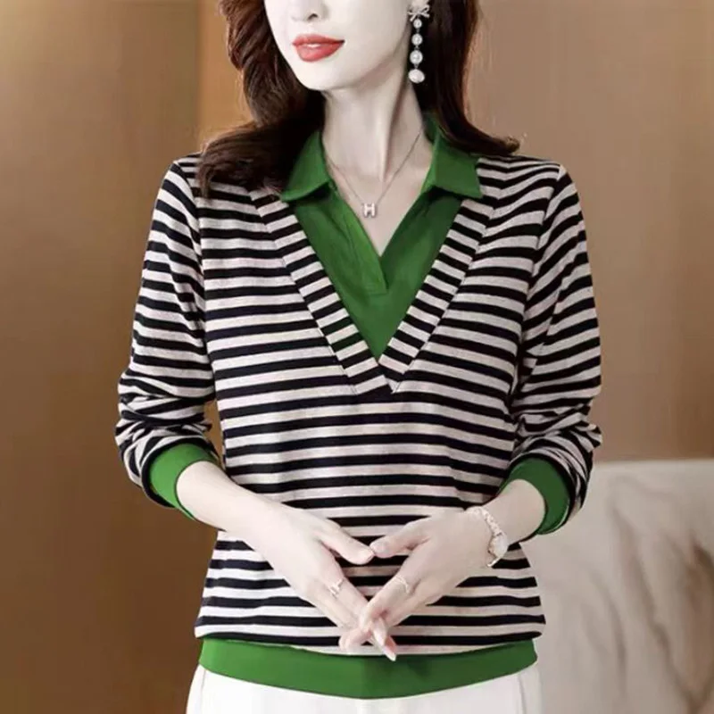 Fashion Lapel Striped Fake Two Pieces Blouse Women\'s Clothing 2023 Autumn New Casual Pullovers Tops Loose Commute Shirt