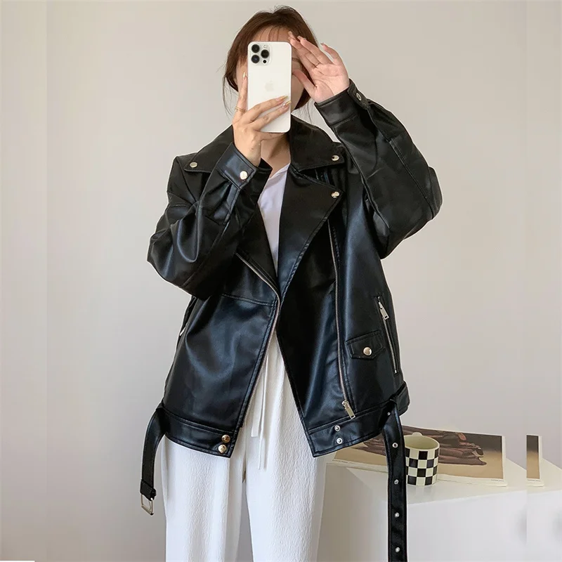 2024 Spring Autumn Women Faux PU Leather Jacket With Belt Streetwear Casual Loose Biker Jackets Lapel Long Sleeve Female Outwear