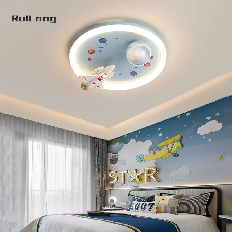 Children Room Ceiling Lamp Rocket Space Planet Chandelier for Kids Room Light Ceiling Decor Blue Cartoon Boy Bedroom Lamp Plafon