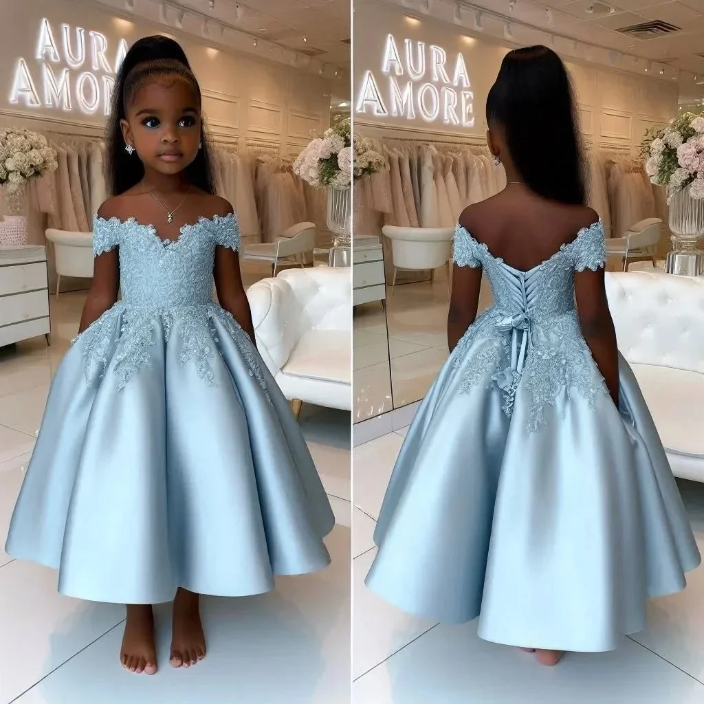 

Атласное бальное платье с открытыми плечами и кружевной аппликацией для девочек с корсетом на спине, элегантный дизайн для официальных мероприятий, свадеб, рождения девушки с цветочным узором