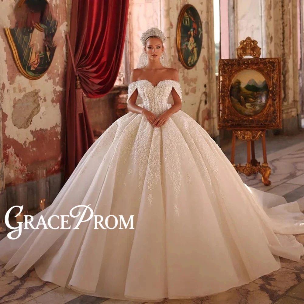 

Graceful Off-the-shoulder Wedding Dress Fairytale Appliques Sequined Ball Gown For Women Customized Classic Bride Wear No Veil