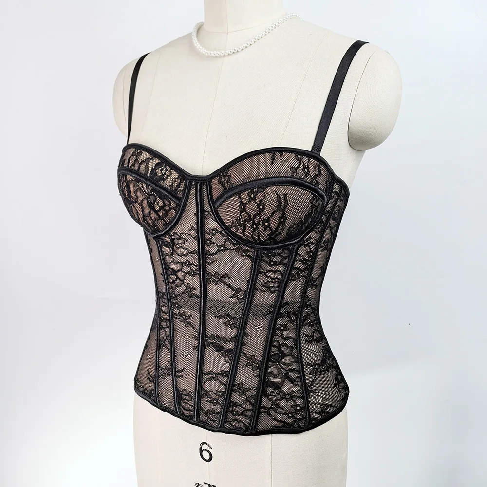 Vintage Floral Lace Corset Bustier Adjustable Thin Spaghetti Straps Sweetheart Neck See Through Mesh Waist Trainer Body Corset