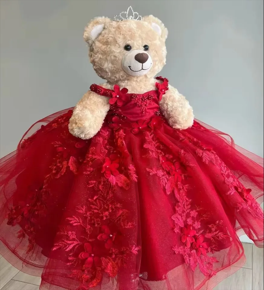 Red Teddy Bear Dress Lace Applique Personalized Sweetheart Flowers Appliques Crystals Bead Off The Shoulder