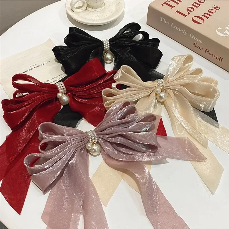 Fermaglio per capelli con fiocco di perle da donna grande bowknot macchia forcina mollette per ragazze tinta unita coda di cavallo clip accessori