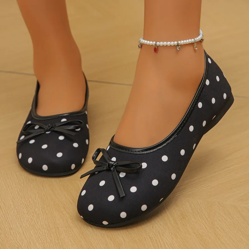 New Summer Fashion Bow-decorated Women's Shoes Luxurious Polka Dot Slip-on Flat Shoes Comfortable Outdoor Shopping Shoes Size 43