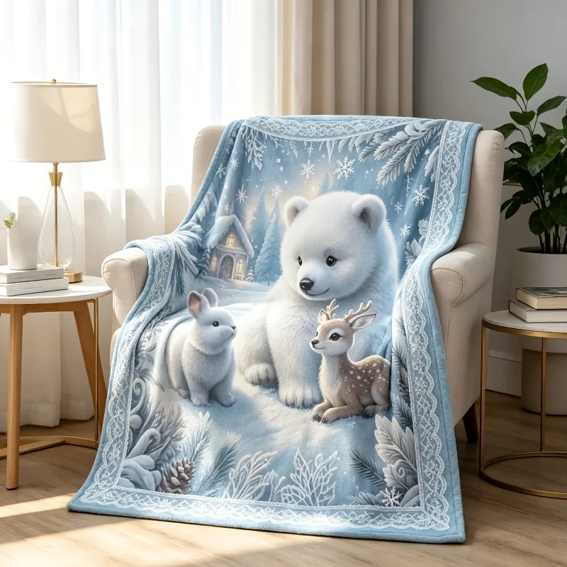 2D Flat Printing, 1pc Winter Decorative Blanket/Throw, Featuring a Polar Bear Rabbit Deer Snowy Cottage Snowflake Lace Border Pa