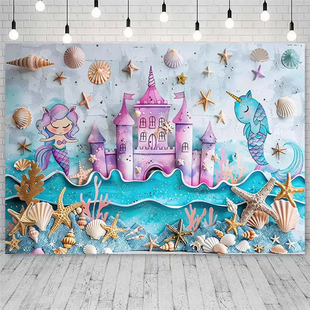 Château de Princesse Sirène Sous la Mer, Portrait d'Anniversaire de Fille, Fond de Plage, Affiche de ixPréChristophe