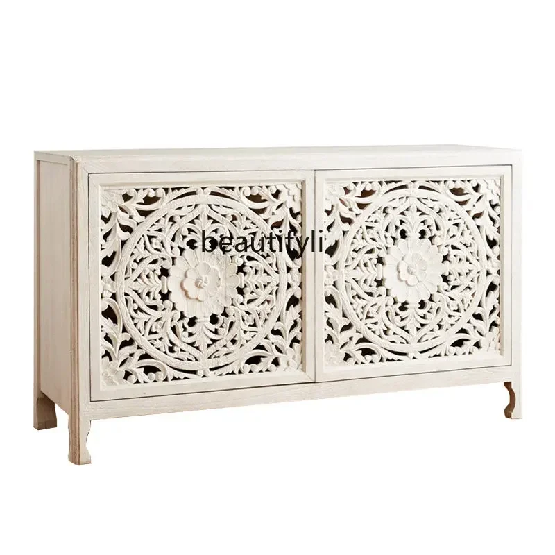 

CC182R Nordic Carved Vintage Solid Wood Sideboard Distressed Log Locker Storage Hall Cabinet