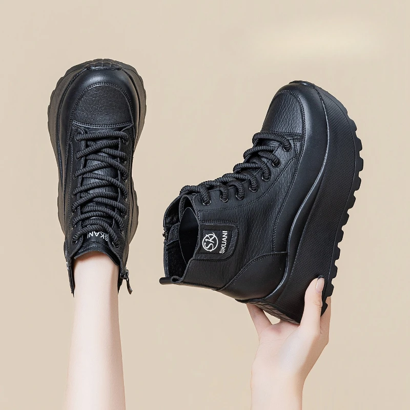 2026 New 7cm Fashion Women Ankle Platform Boots Elevated Design Chunky Sole Lightweight Casual Shoes Height Increase Style
