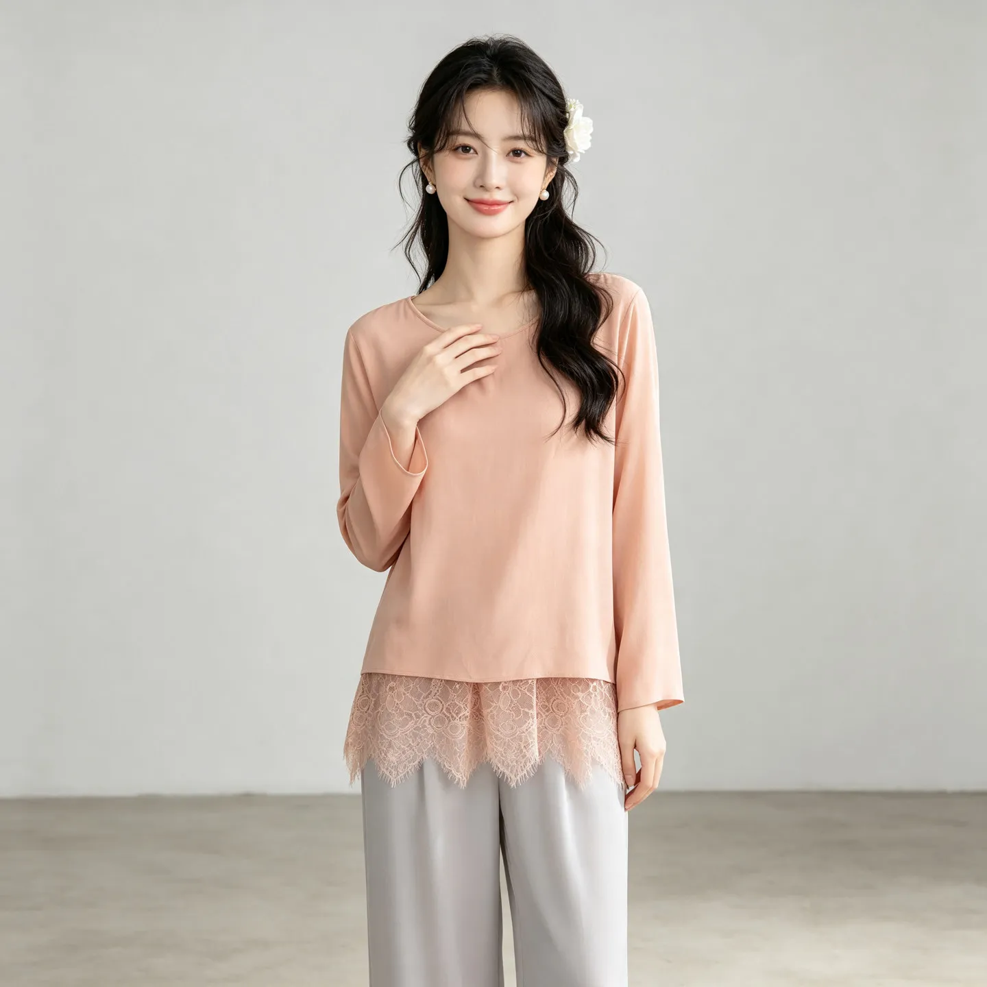 Winsleter-100%Real Silk Double Crepe Elegant T-Shirt, Lace Patchwork, Women French Fake 2 Pieces Loose Top, 2026 Autumn T67862CC