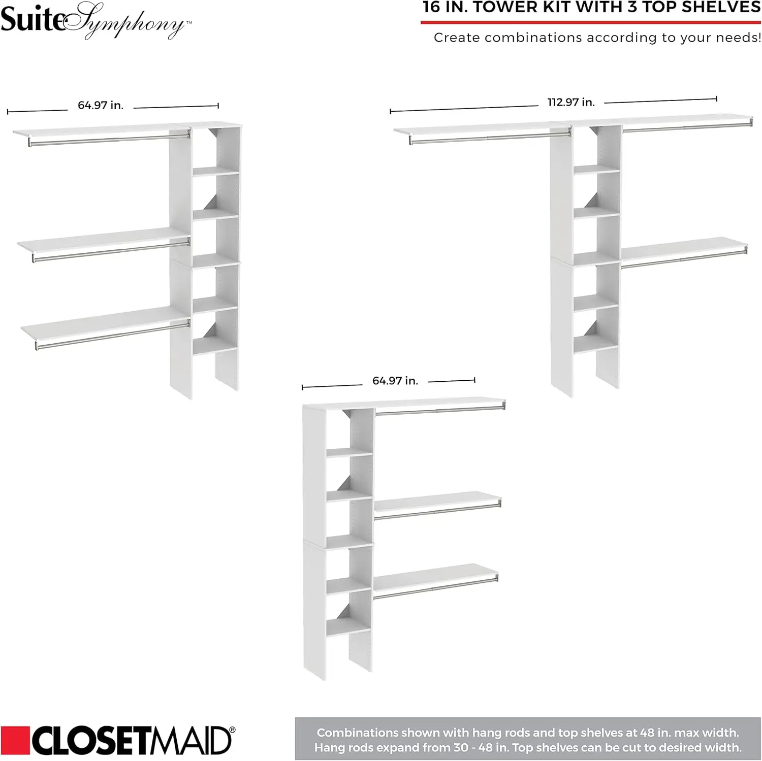 Suitesympy Wood Closet Organizer Kit With Tower, 3 Hang Rods, Top Shelves, Adjustable, Fits Spaces 5 - 9 Ft. Wide, Pure White